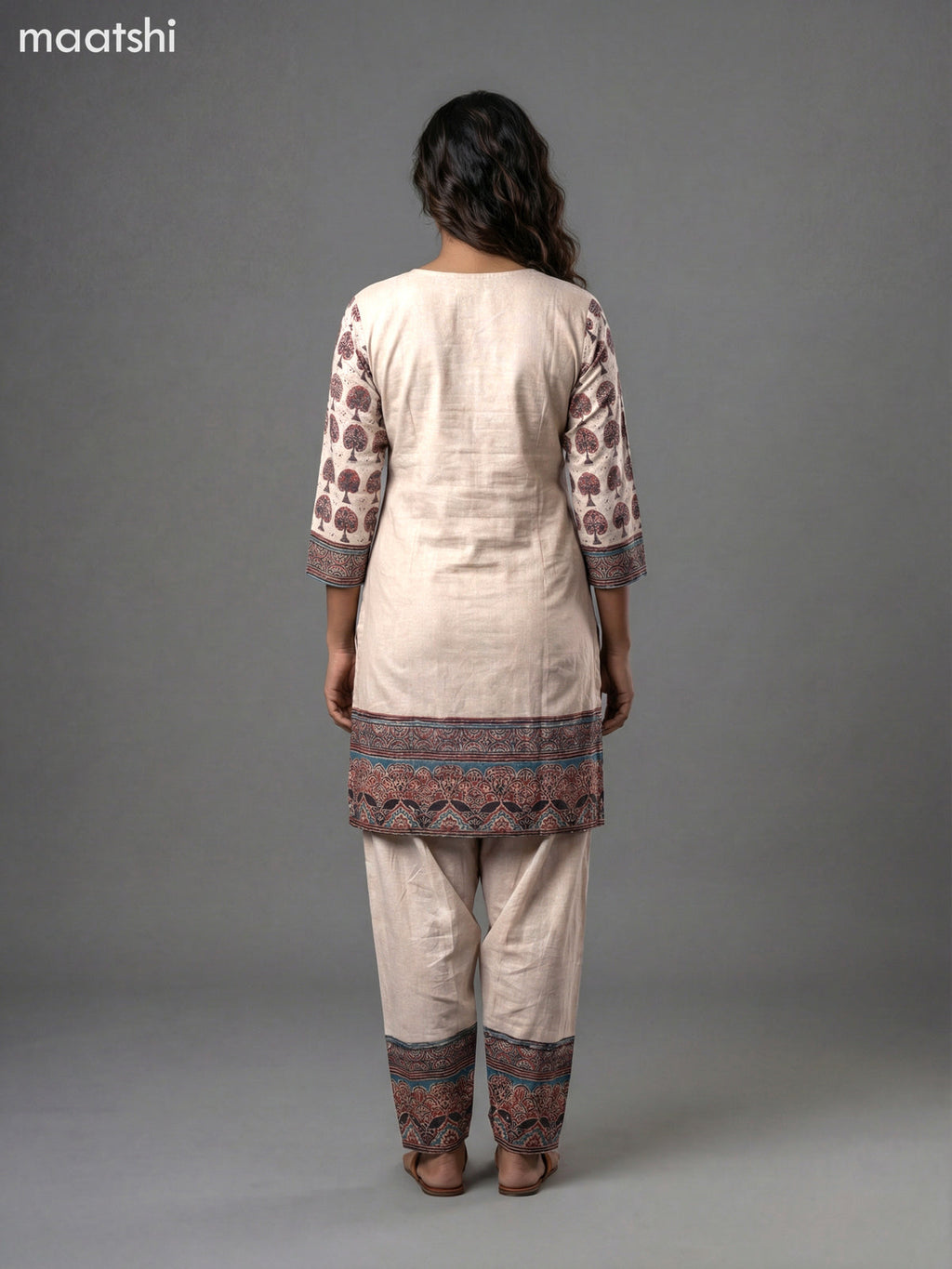 Beige and Maroon Modal Ajrakh Printed Kurti Set