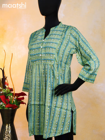 Rayon readymade short kurti pista green and blue with allover prints & beaded work simple neck pattern without pant