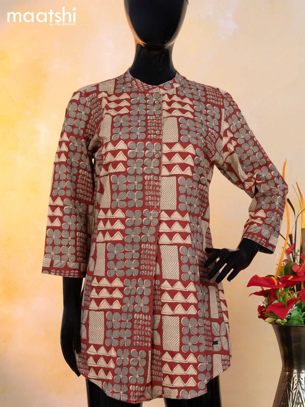 Cotton readymade short kurti maroon and sandal with allover geometric prints & simple neck pattern without pant