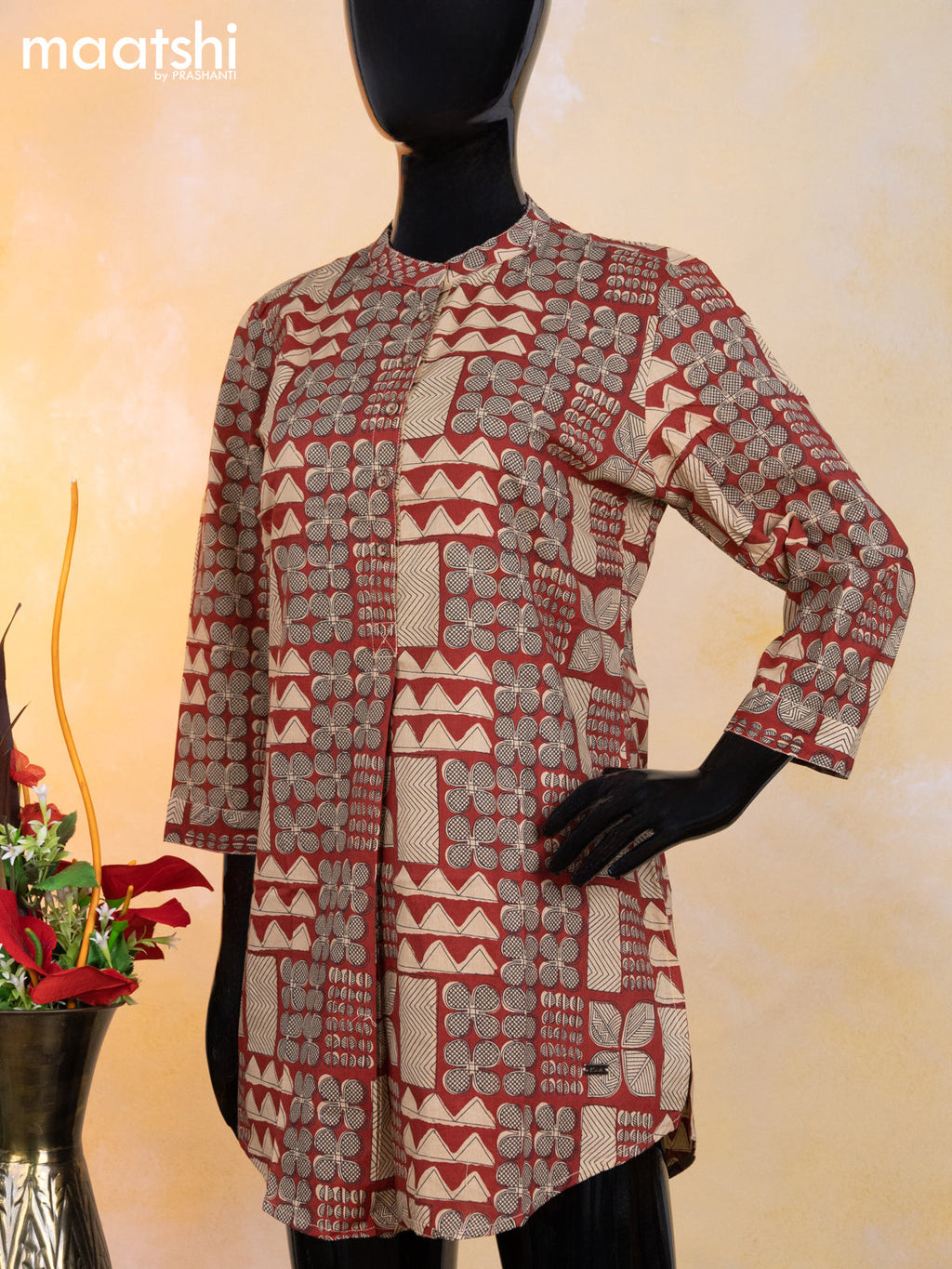 Cotton readymade short kurti maroon and sandal with allover geometric prints & simple neck pattern without pant