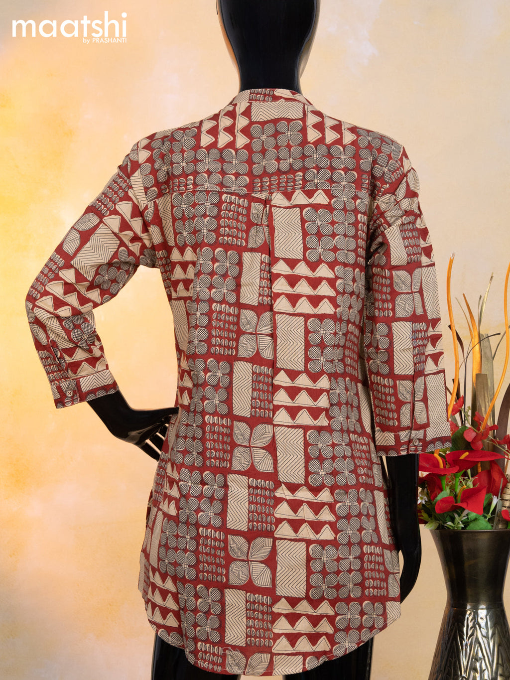 Cotton readymade short kurti maroon and sandal with allover geometric prints & simple neck pattern without pant