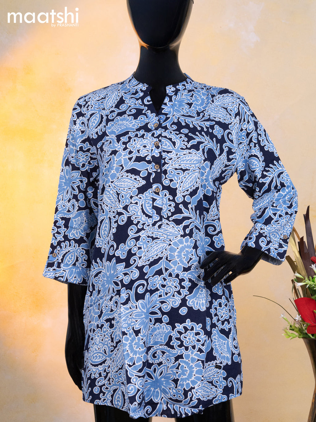 Cotton readymade short kurti navy blue and light blue with allover prints & simple neck pattern without pant