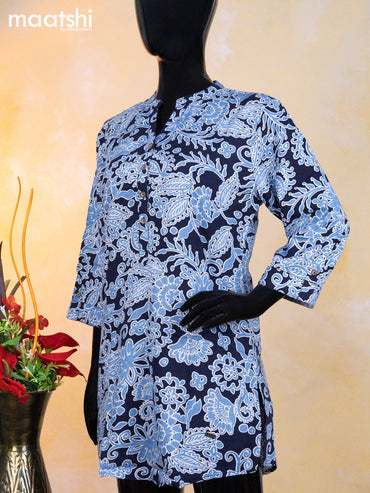 Cotton readymade short kurti navy blue and light blue with allover prints & simple neck pattern without pant