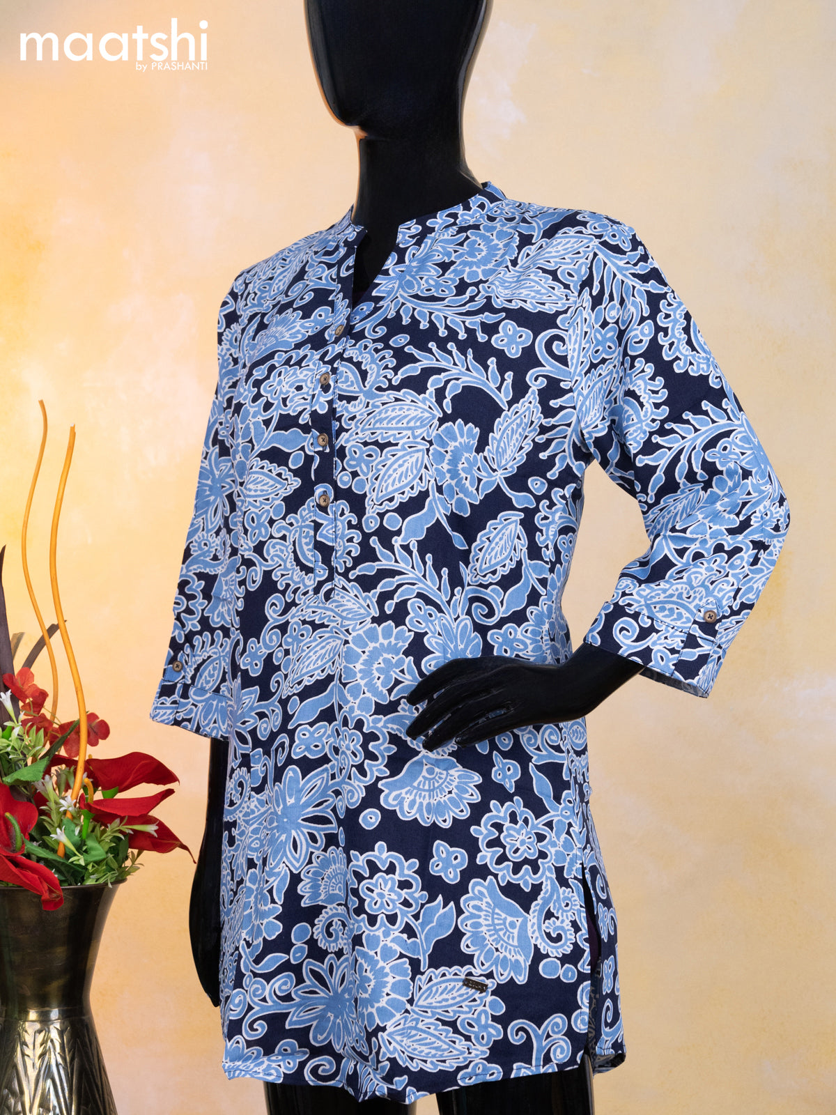 Cotton readymade short kurti navy blue and light blue with allover prints & simple neck pattern without pant