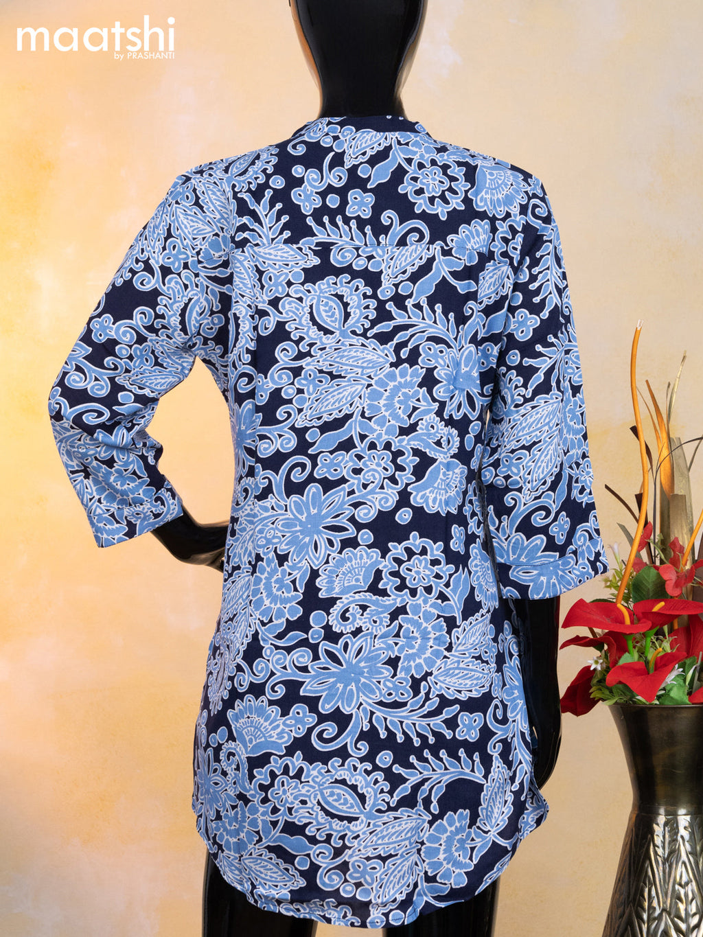 Cotton readymade short kurti navy blue and light blue with allover prints & simple neck pattern without pant