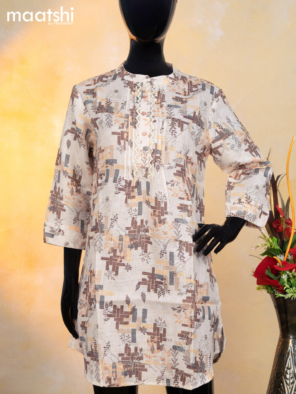 Rayon readymade short kurti cream and multi color with alover floral prints & embroidery sequin work neck pattern without pant