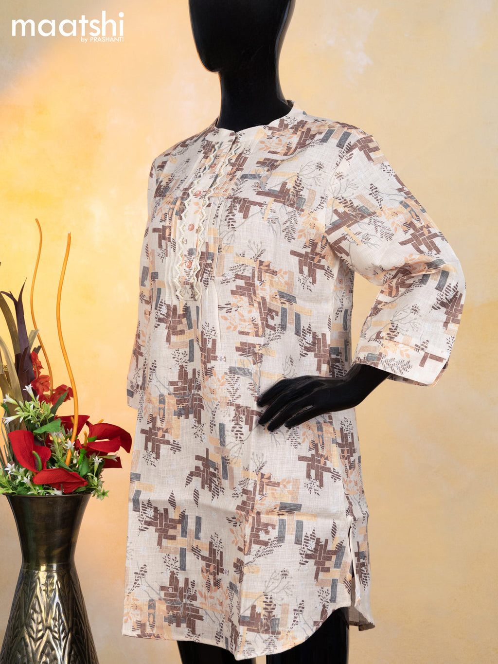 Rayon readymade short kurti cream and multi color with alover floral prints & embroidery sequin work neck pattern without pant