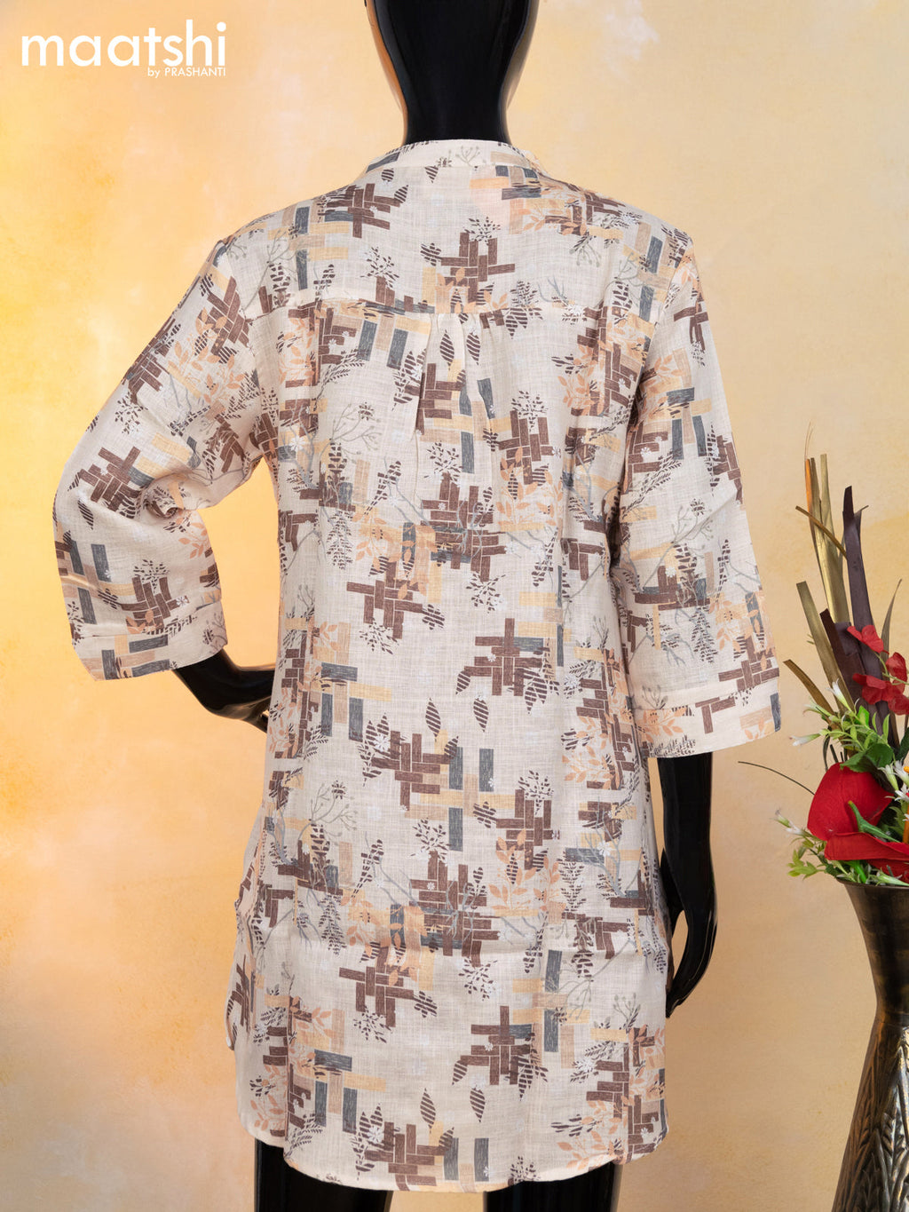 Rayon readymade short kurti cream and multi color with alover floral prints & embroidery sequin work neck pattern without pant