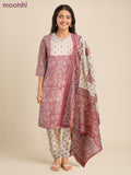 Cotton readymade salwar suit pastel pink and cream with allover prints & embroidery sequin work neck pattern and bottom & cotton dupatta