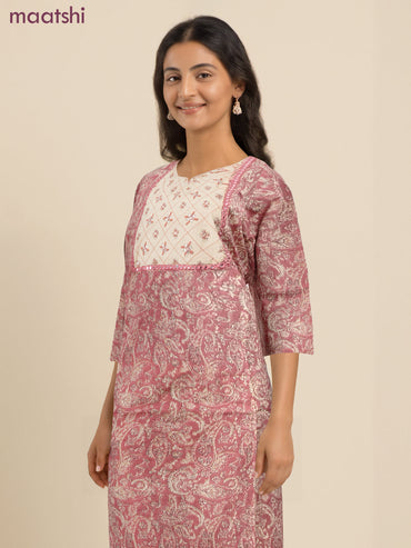 Cotton readymade salwar suit pastel pink and cream with allover prints & embroidery sequin work neck pattern and bottom & cotton dupatta