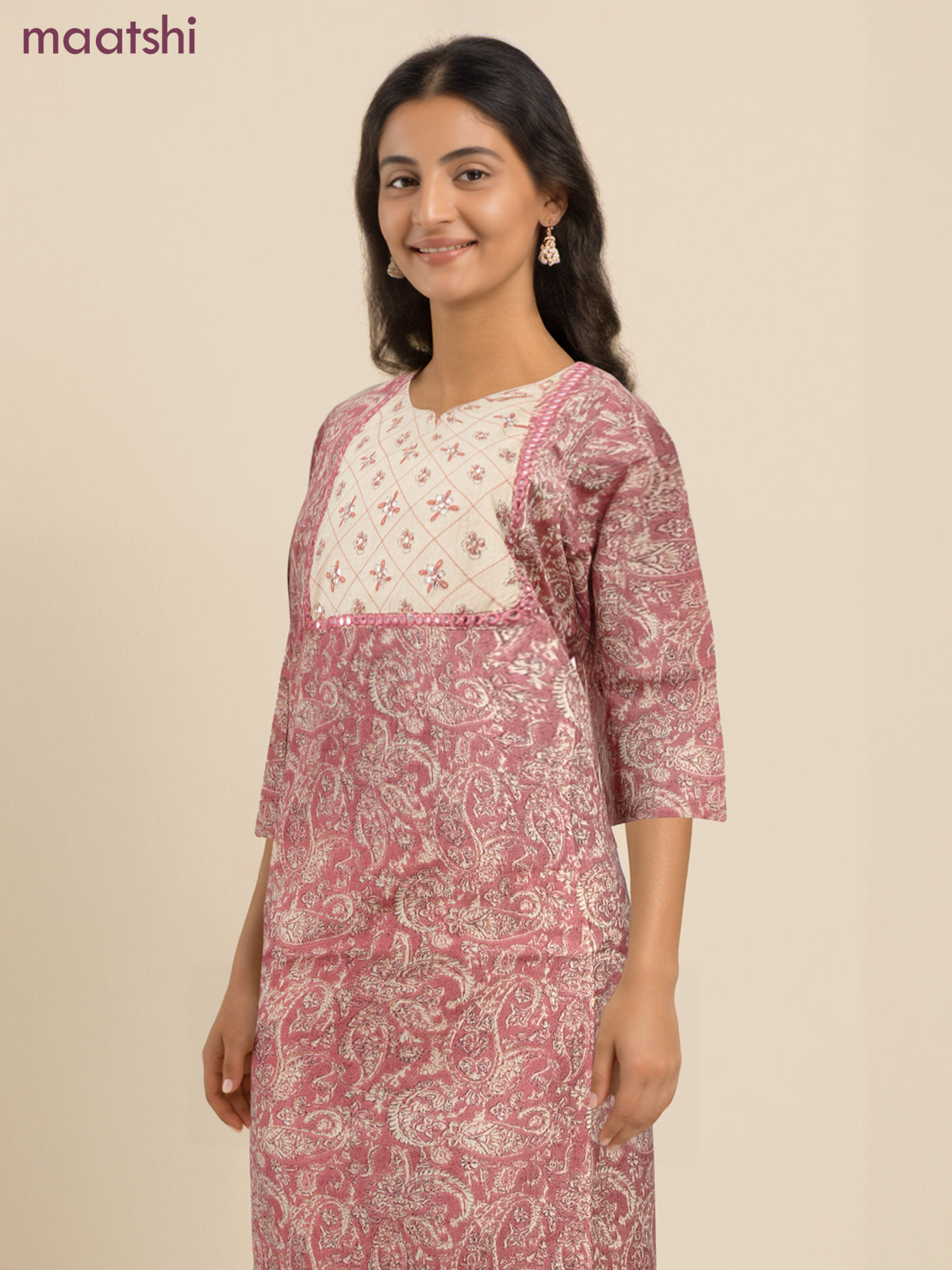 Cotton readymade salwar suit pastel pink and cream with allover prints & embroidery sequin work neck pattern and bottom & cotton dupatta