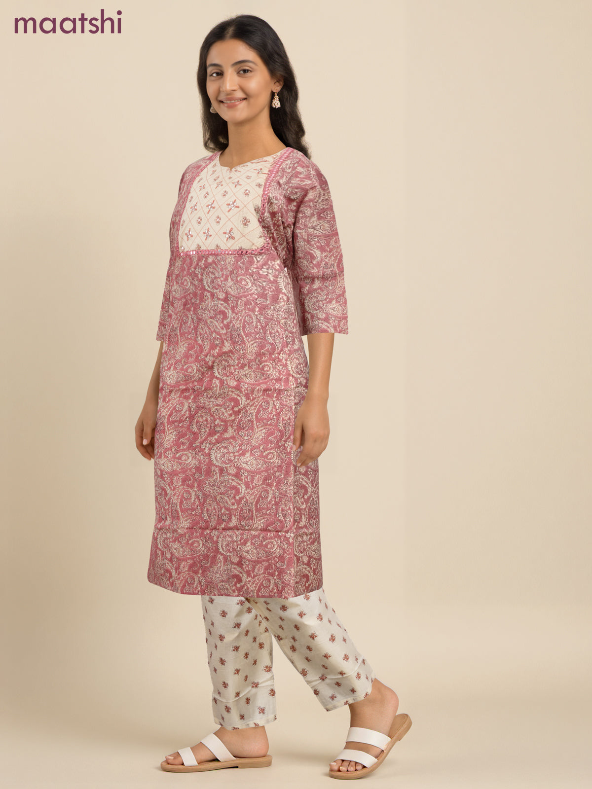 Cotton readymade salwar suit pastel pink and cream with allover prints & embroidery sequin work neck pattern and bottom & cotton dupatta