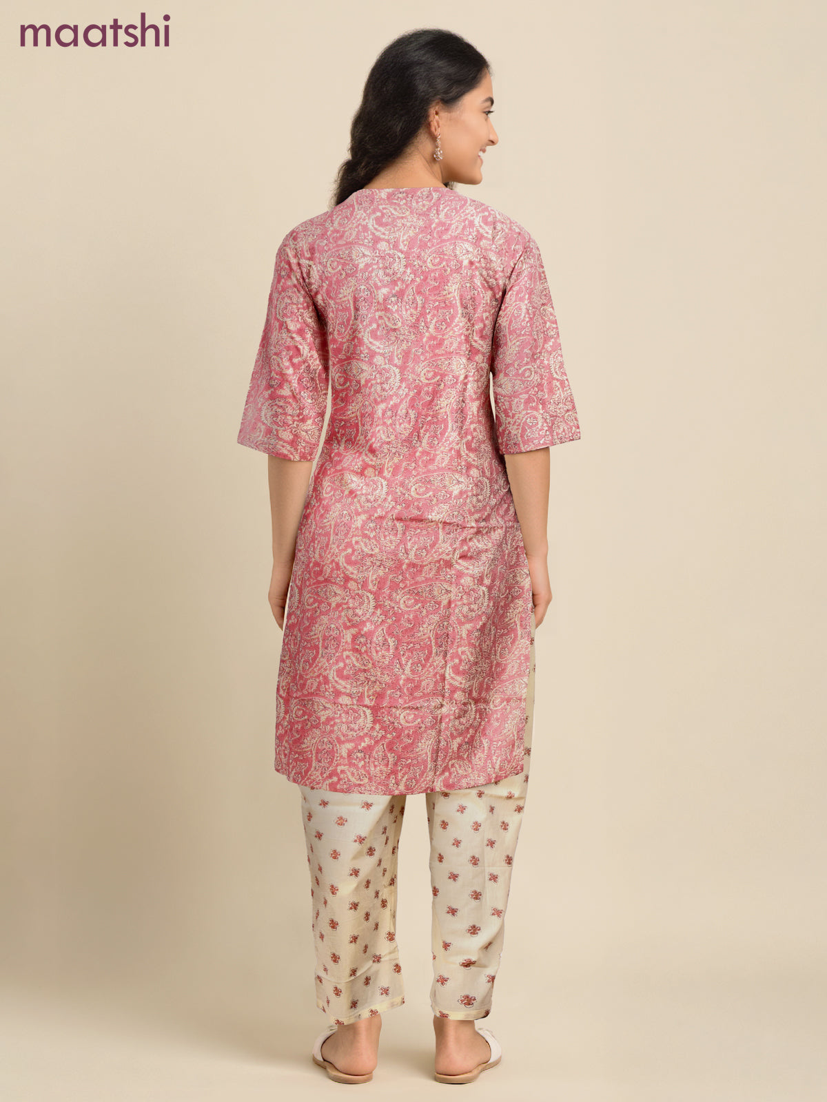 Cotton readymade salwar suit pastel pink and cream with allover prints & embroidery sequin work neck pattern and bottom & cotton dupatta