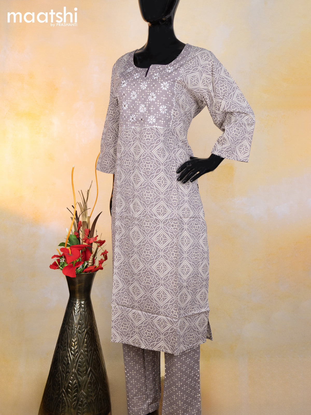Cotton readymade salwar suit grey and beige with allover bandhani prints & embroidery sequin work neck pattern and bottom & cotton dupatta