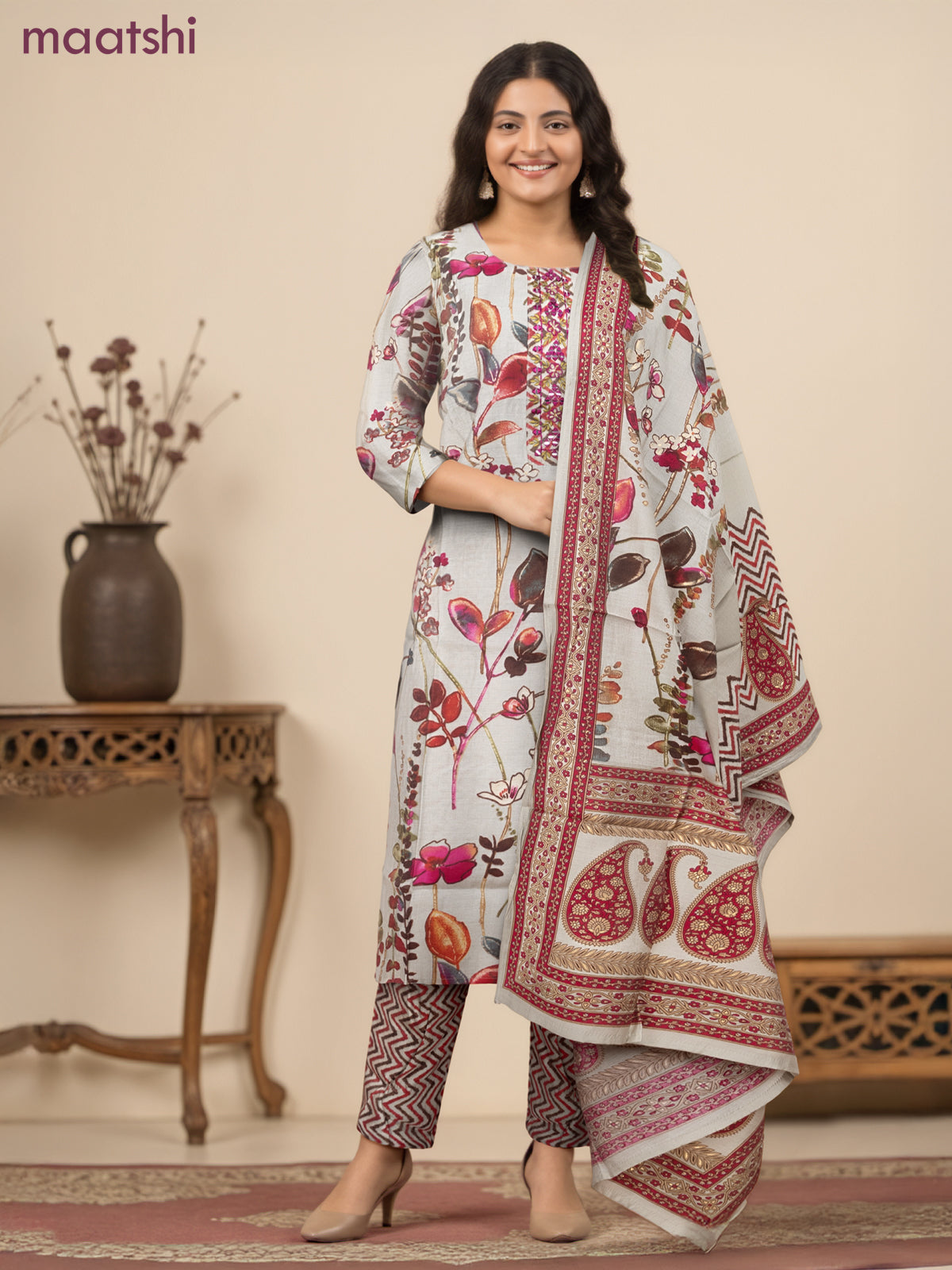 Chanderi readymade salwar suit pastel shade of green and multi colour with allover floral prints & embroidery mirror work neck pattern and bottom & chanderi dupatta