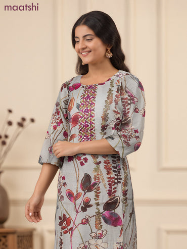 Chanderi readymade salwar suit pastel shade of green and multi colour with allover floral prints & embroidery mirror work neck pattern and bottom & chanderi dupatta