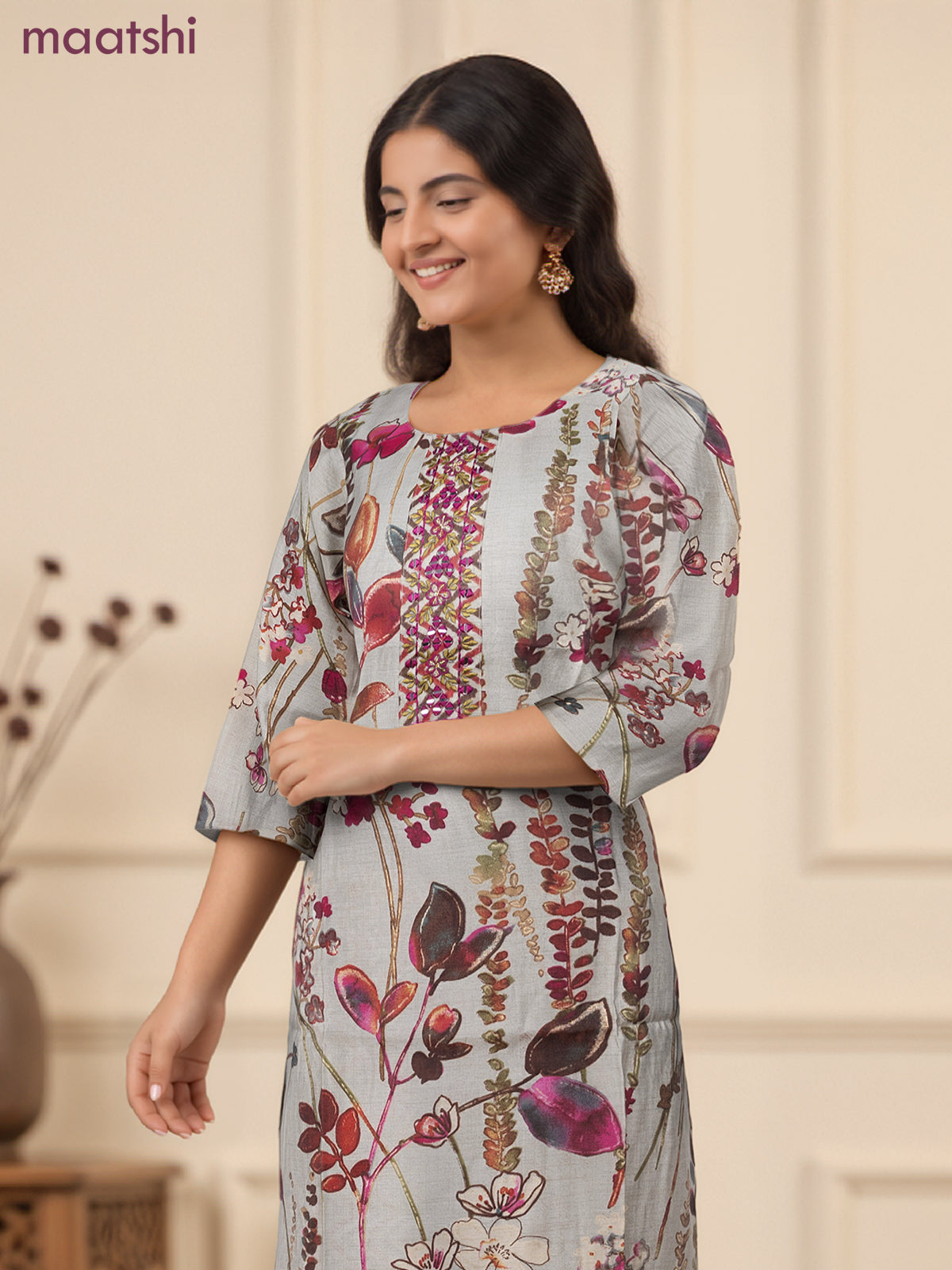 Chanderi readymade salwar suit pastel shade of green and multi colour with allover floral prints & embroidery mirror work neck pattern and bottom & chanderi dupatta