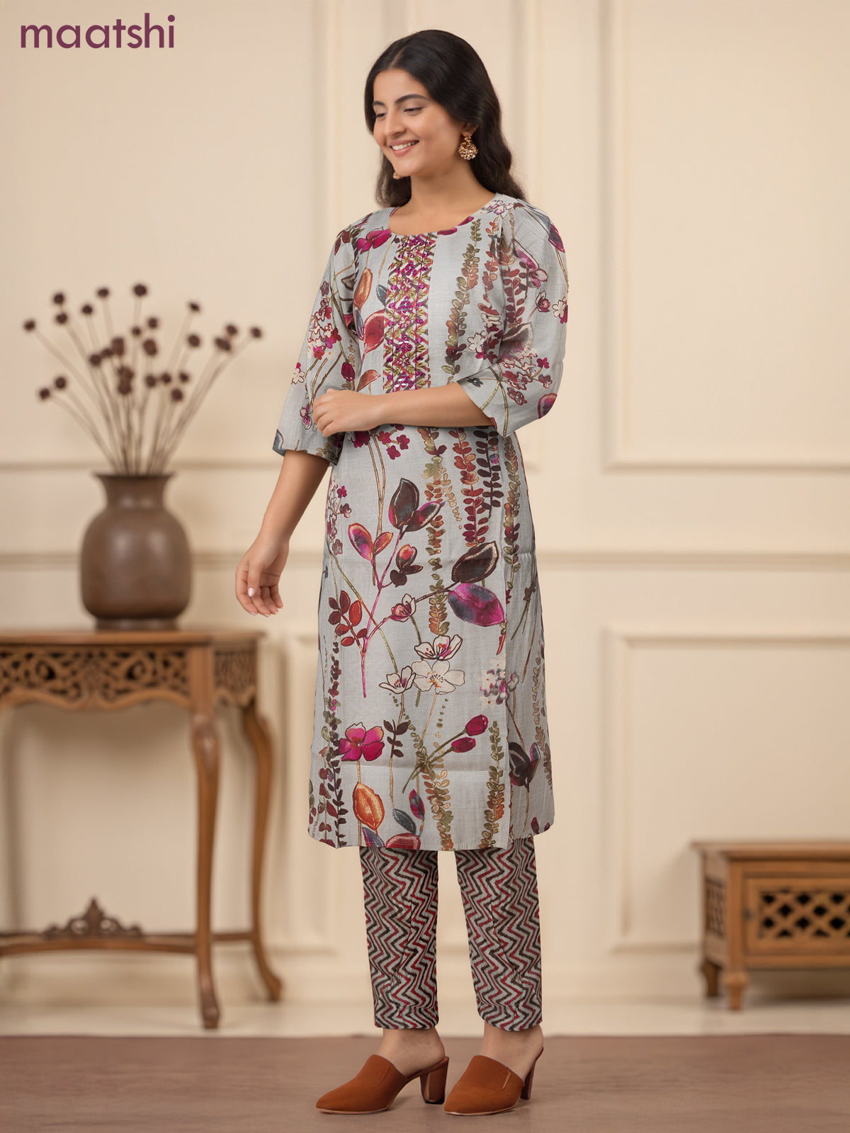 Chanderi readymade salwar suit pastel shade of green and multi colour with allover floral prints & embroidery mirror work neck pattern and bottom & chanderi dupatta