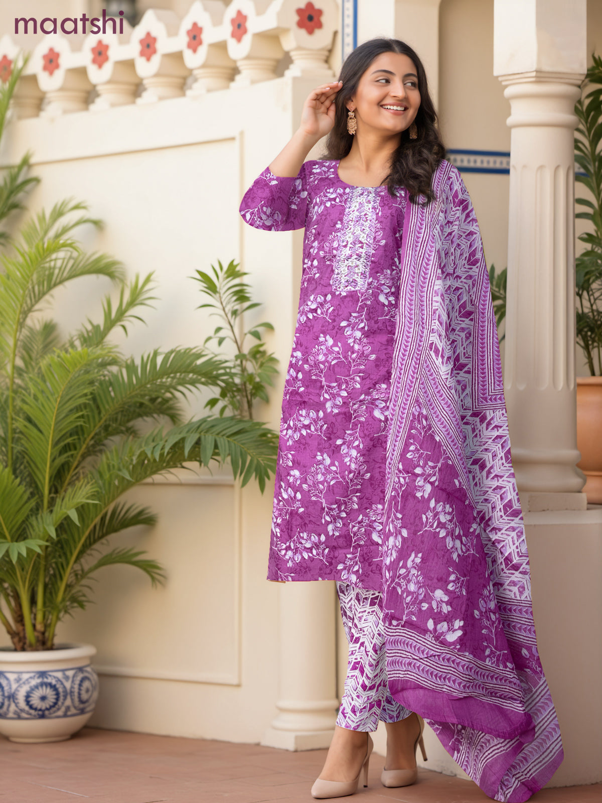 Cotton readymade salwar suit magenta pink and off white with allover floral prints & embroidery mirror work neck pattern and bottom & cotton dupatta