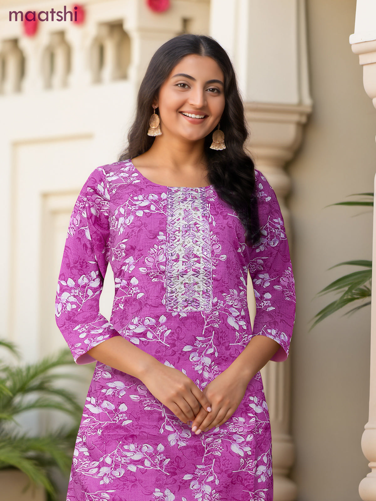 Cotton readymade salwar suit magenta pink and off white with allover floral prints & embroidery mirror work neck pattern and bottom & cotton dupatta