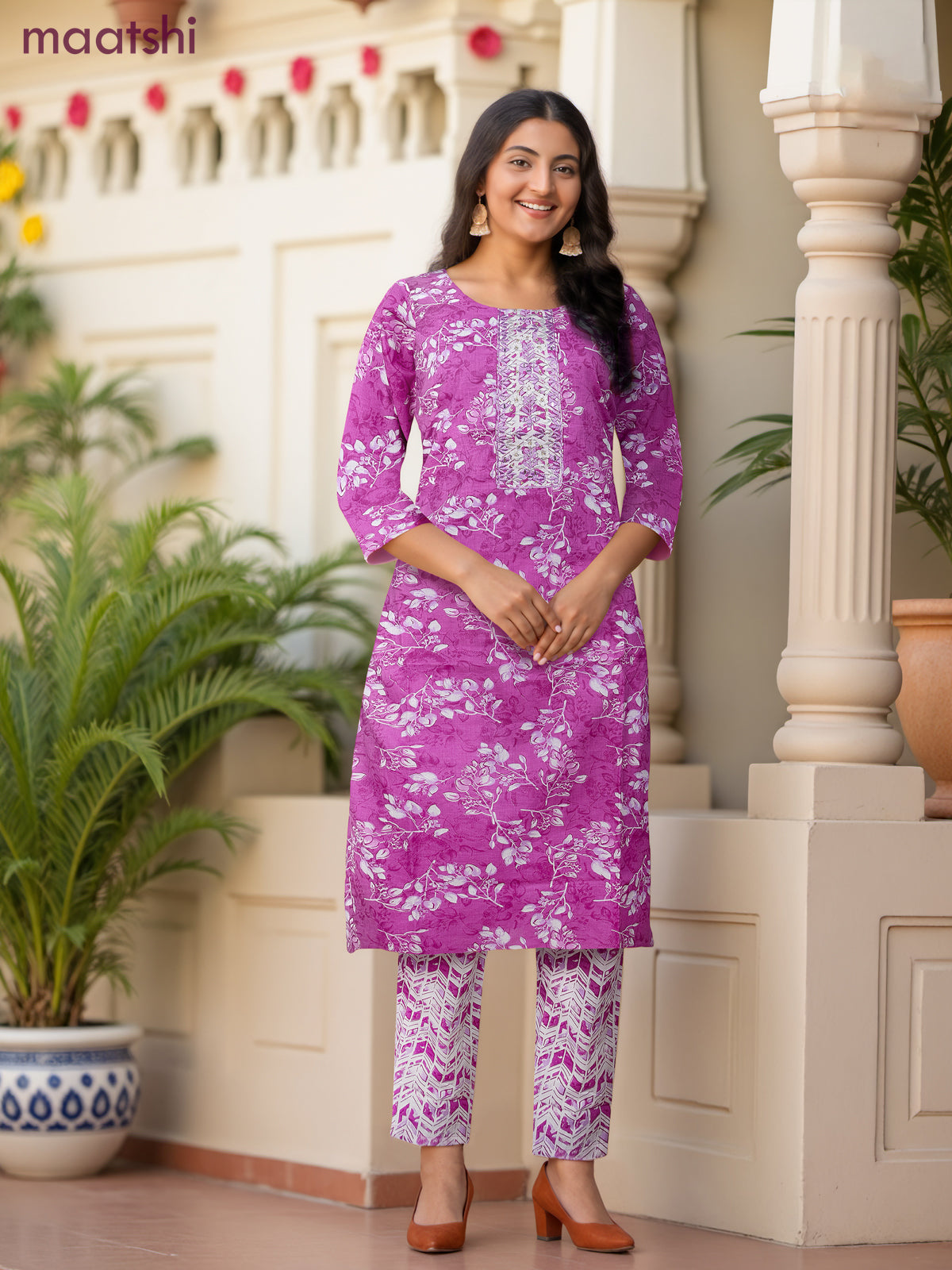 Cotton readymade salwar suit magenta pink and off white with allover floral prints & embroidery mirror work neck pattern and bottom & cotton dupatta