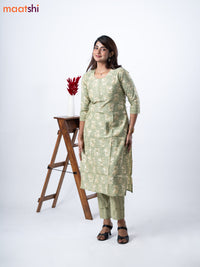 Modal kurti set pastel green and beige with allover prints & gota patti lace wok neck pattern and straight cut pant