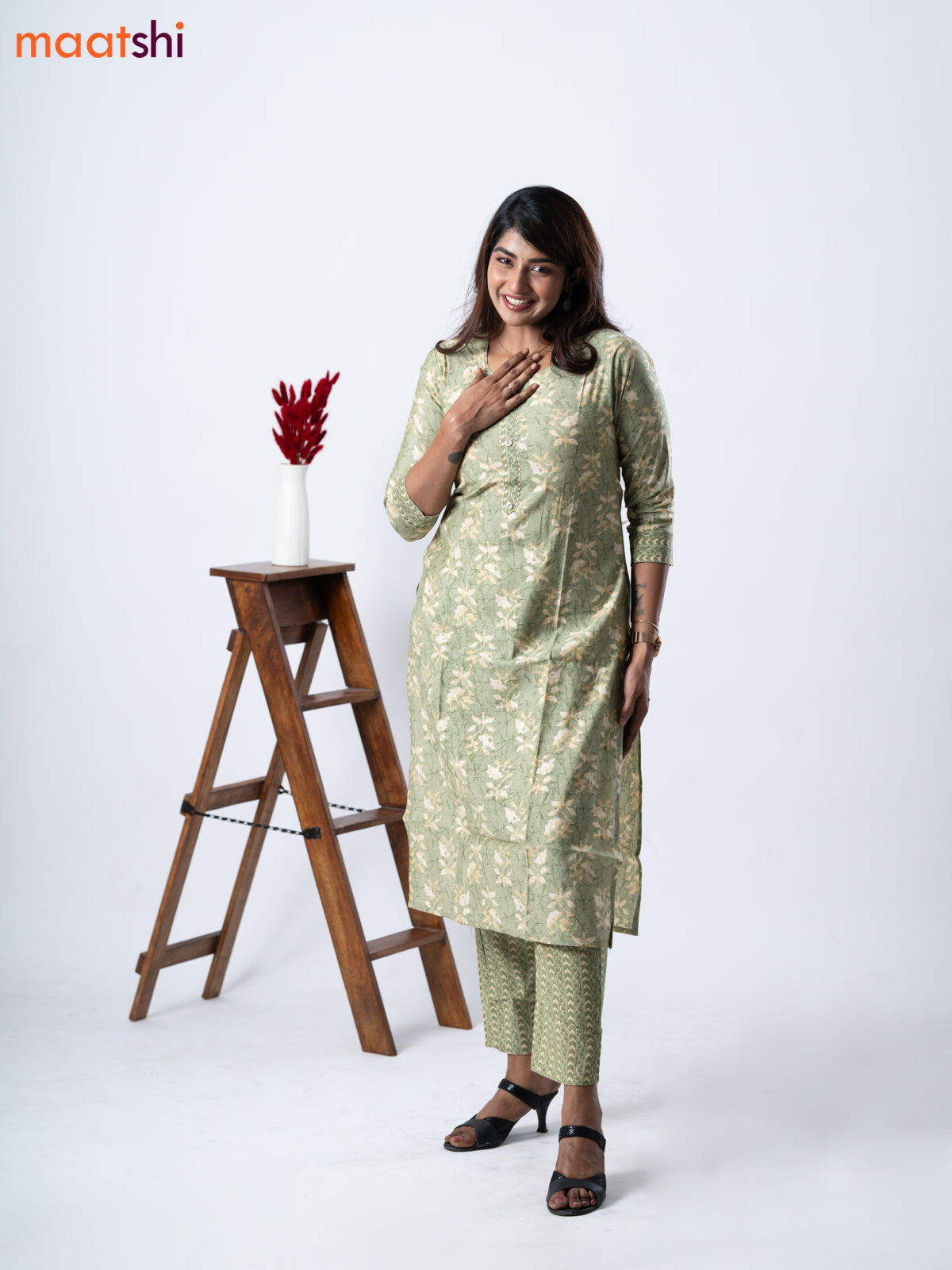 Modal kurti set pastel green and beige with allover prints & gota patti lace wok neck pattern and straight cut pant