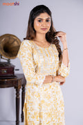Rayon kurti cream and yellow with allover floral prints & embroidery mirror work neck pattern and straight cut pant