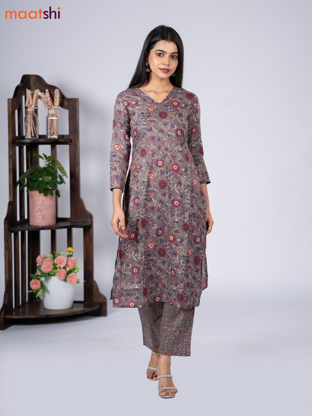 Cotton readymade kurti set grey with allover floral prints & simple v neck pattern and straight cut pant