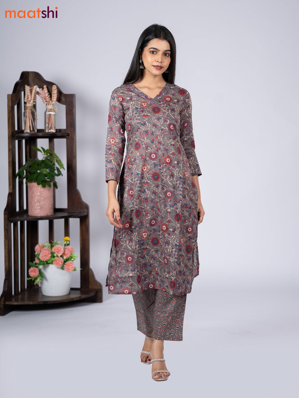Cotton readymade kurti set grey with allover floral prints & simple v neck pattern and straight cut pant