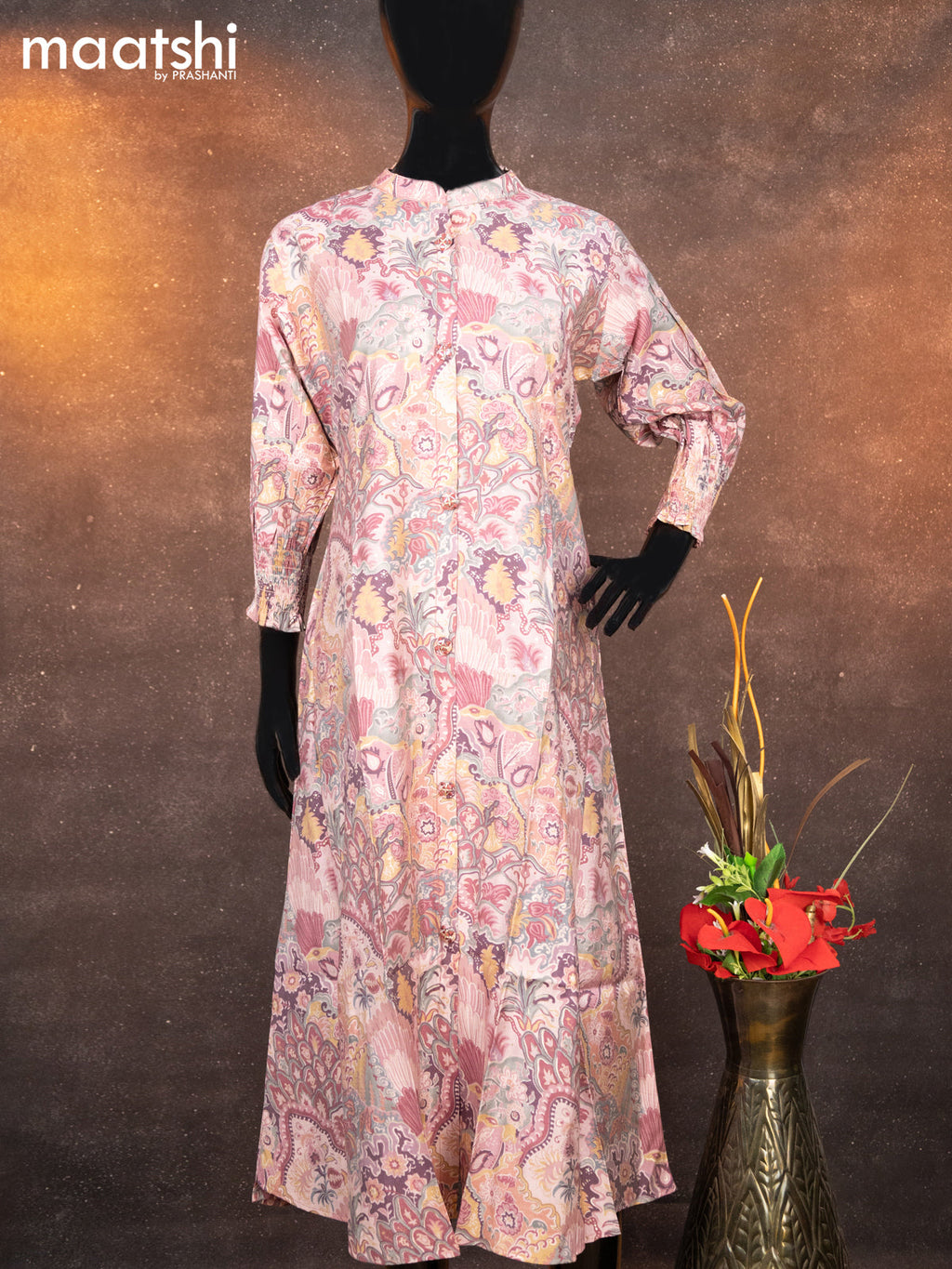Modal readymade A-line kurti mauve pink with allover floral prints & simple neck pattern without pant