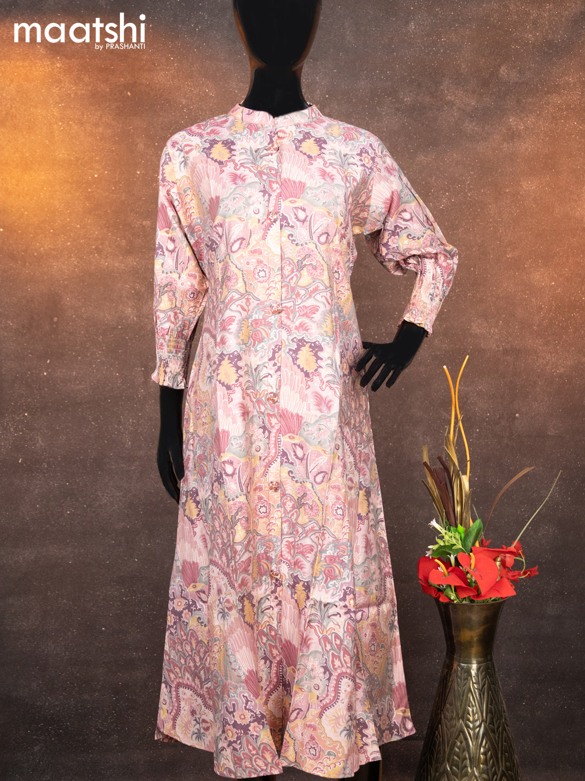 Modal readymade A-line kurti mauve pink with allover floral prints & simple neck pattern without pant