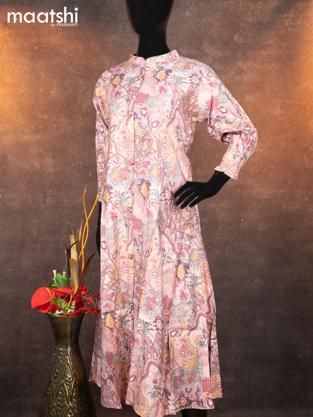 Modal readymade A-line kurti mauve pink with allover floral prints & simple neck pattern without pant