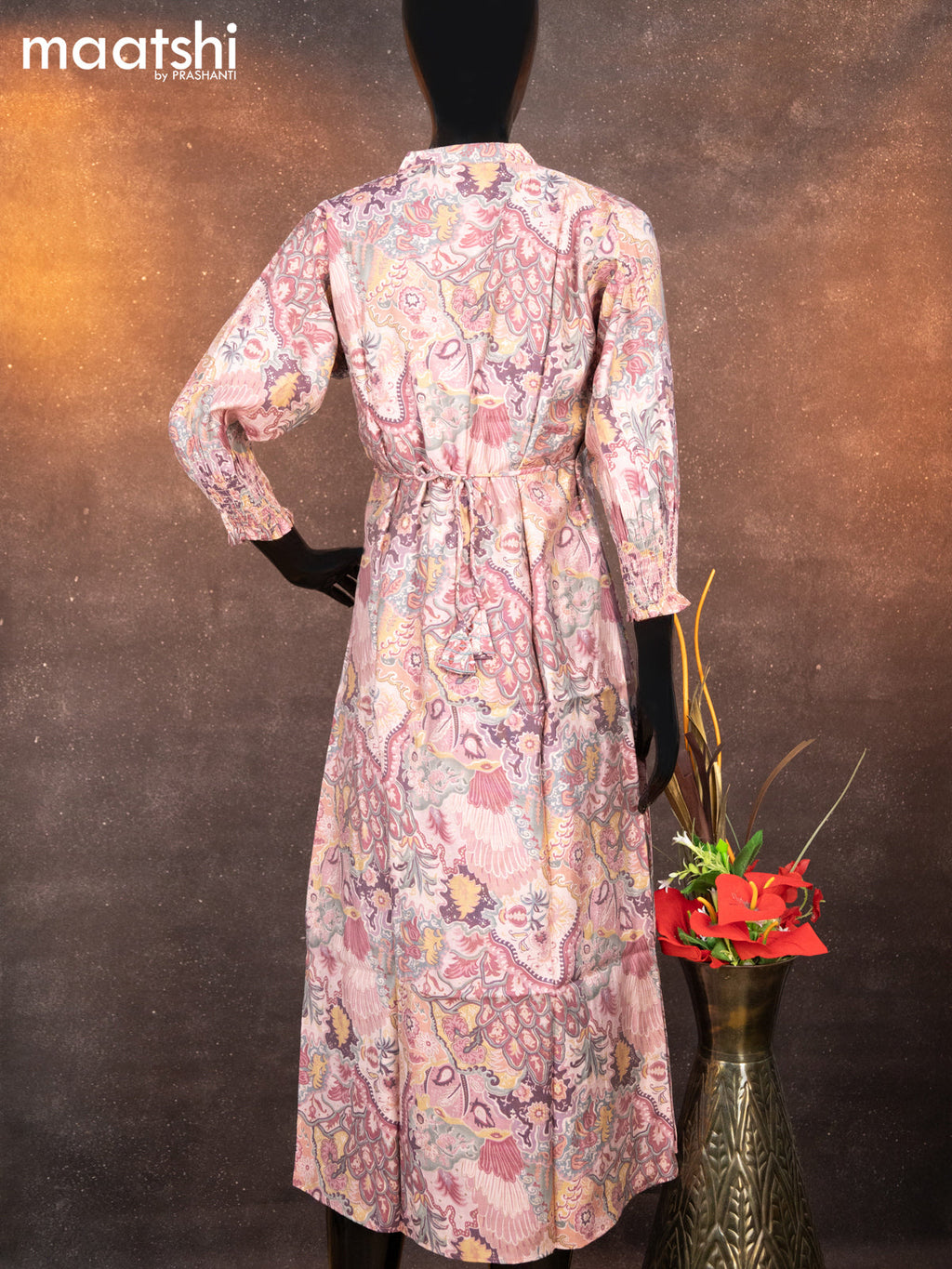 Modal readymade A-line kurti mauve pink with allover floral prints & simple neck pattern without pant
