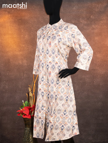 Cotton readymade A-line kurti beige and multi colour with allover geometric prints & simple neck pattern without pant