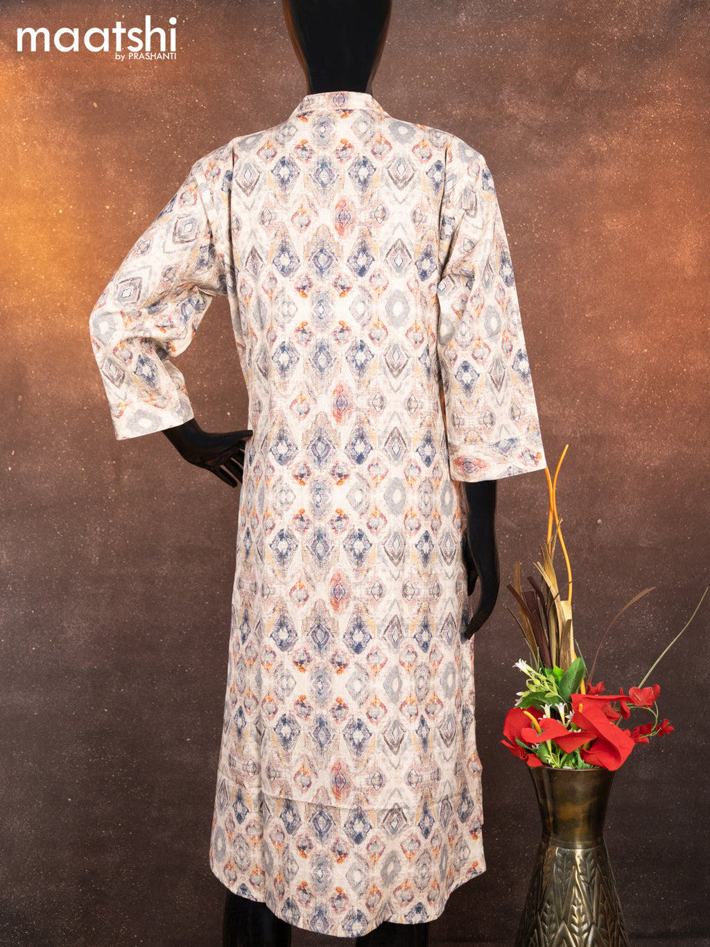 Cotton readymade A-line kurti beige and multi colour with allover geometric prints & simple neck pattern without pant