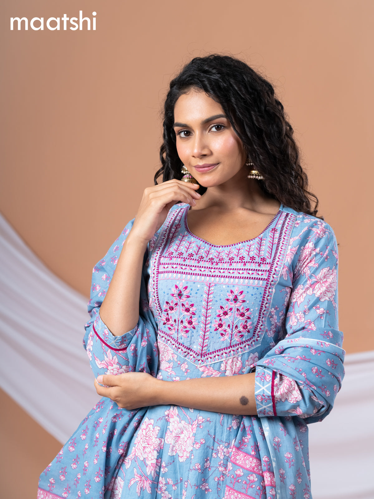 Cotton readymade anarkali salwar suit pastel blue shade and pink with allover floral prints & embroidery sequin work neck pattern and bottom & cotton dupatta