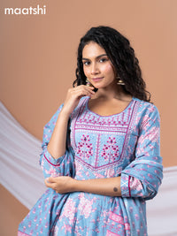 Cotton readymade anarkali salwar suit pastel blue shade and pink with allover floral prints & embroidery sequin work neck pattern and bottom & cotton dupatta