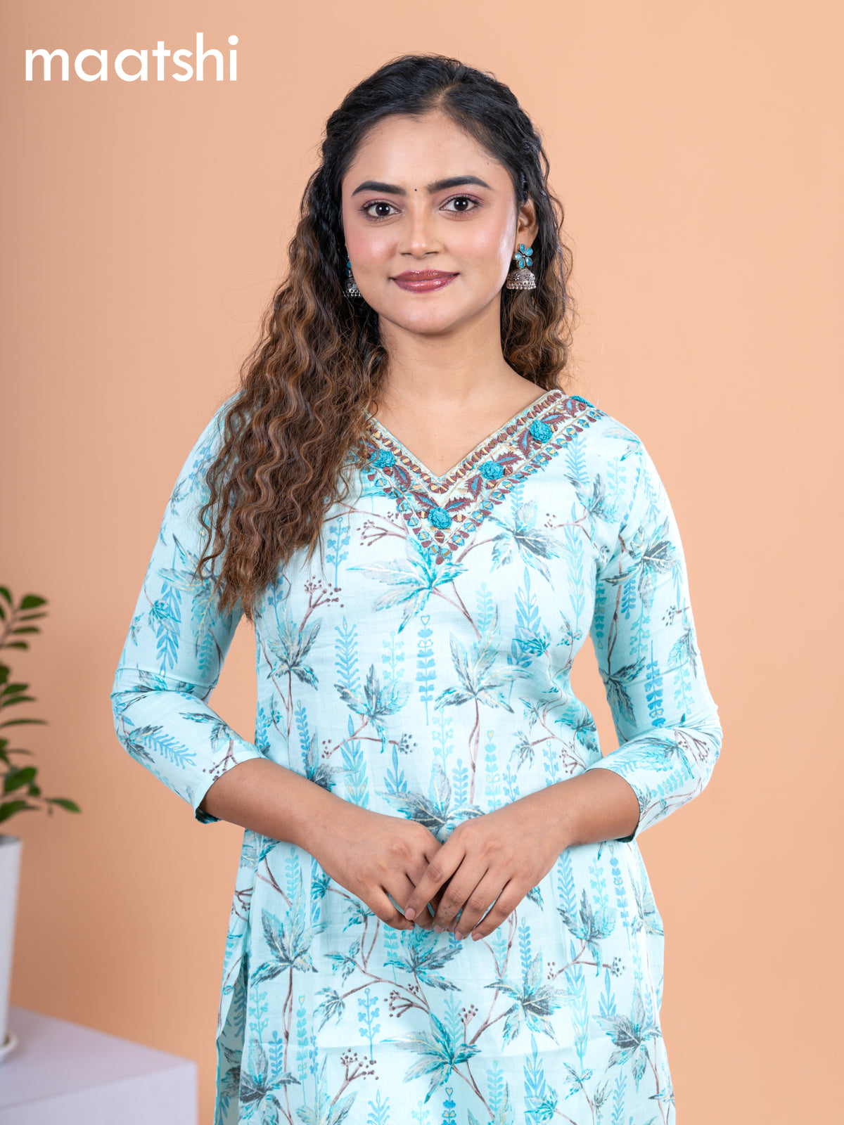 Cotton readymade kurti teal blue with allover prints & embroidery mirror work v neck pattern without pant