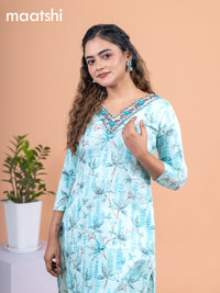 Cotton readymade kurti teal blue with allover prints & embroidery mirror work v neck pattern without pant