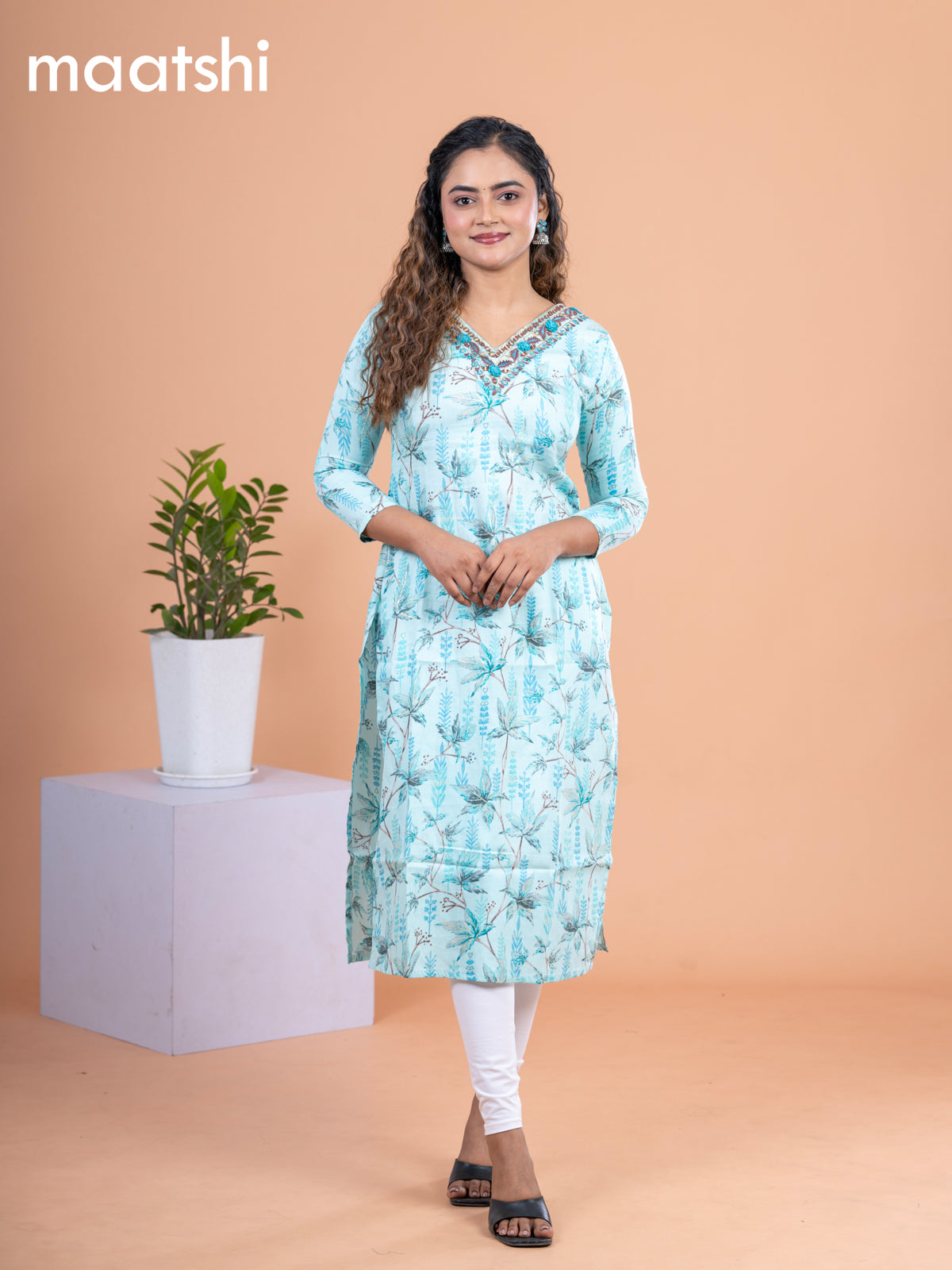 Cotton readymade kurti teal blue with allover prints & embroidery mirror work v neck pattern without pant