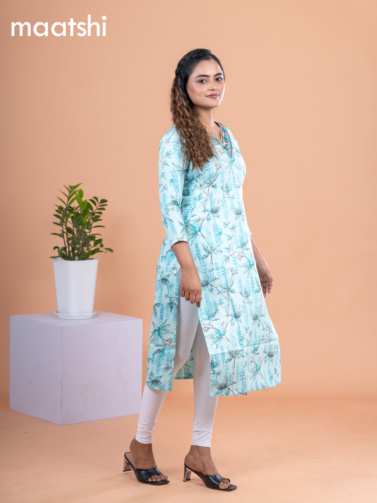 Cotton readymade kurti teal blue with allover prints & embroidery mirror work v neck pattern without pant