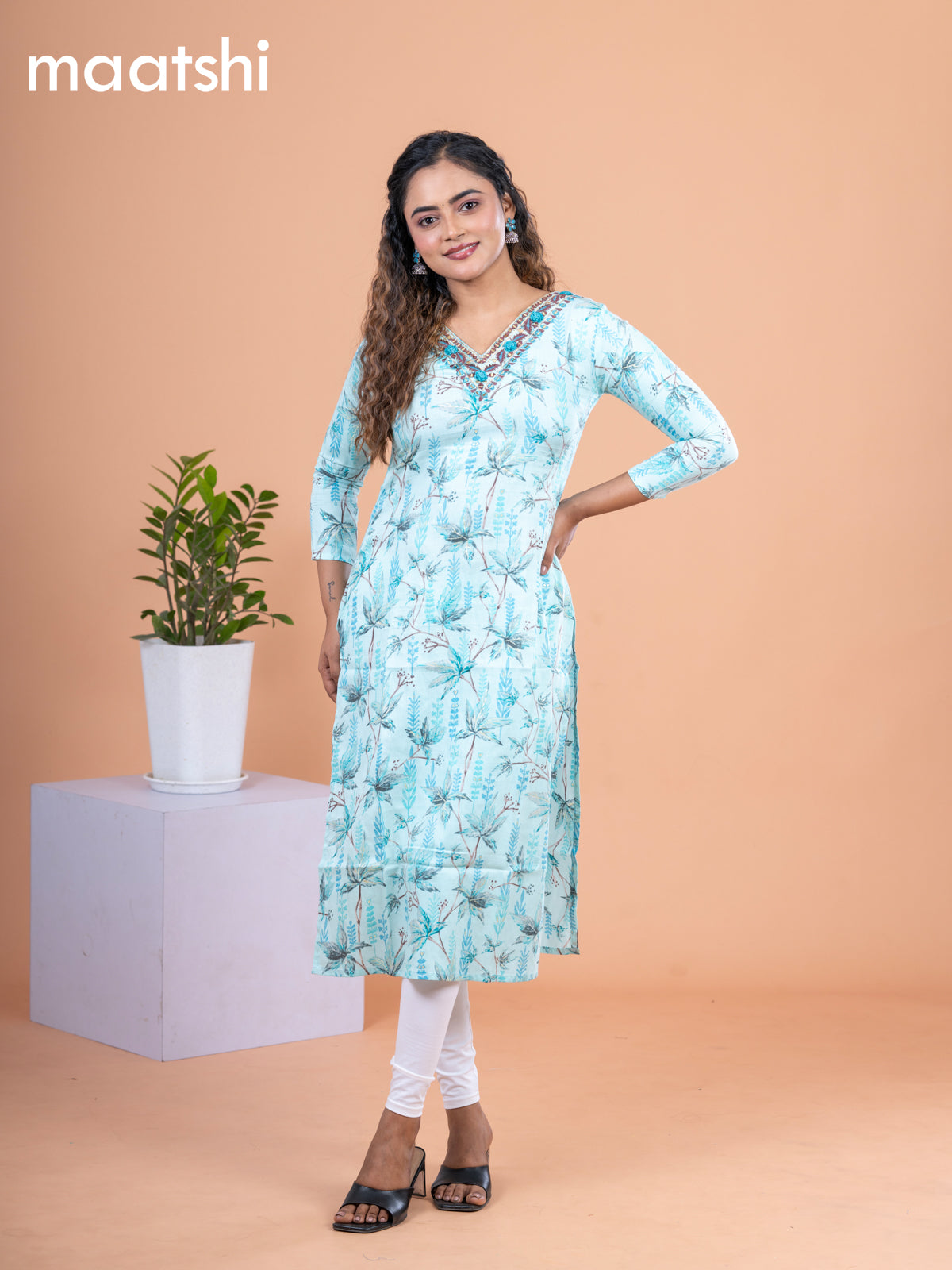 Cotton readymade kurti teal blue with allover prints & embroidery mirror work v neck pattern without pant