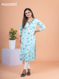 Cotton readymade kurti teal blue with allover prints & embroidery mirror work v neck pattern without pant