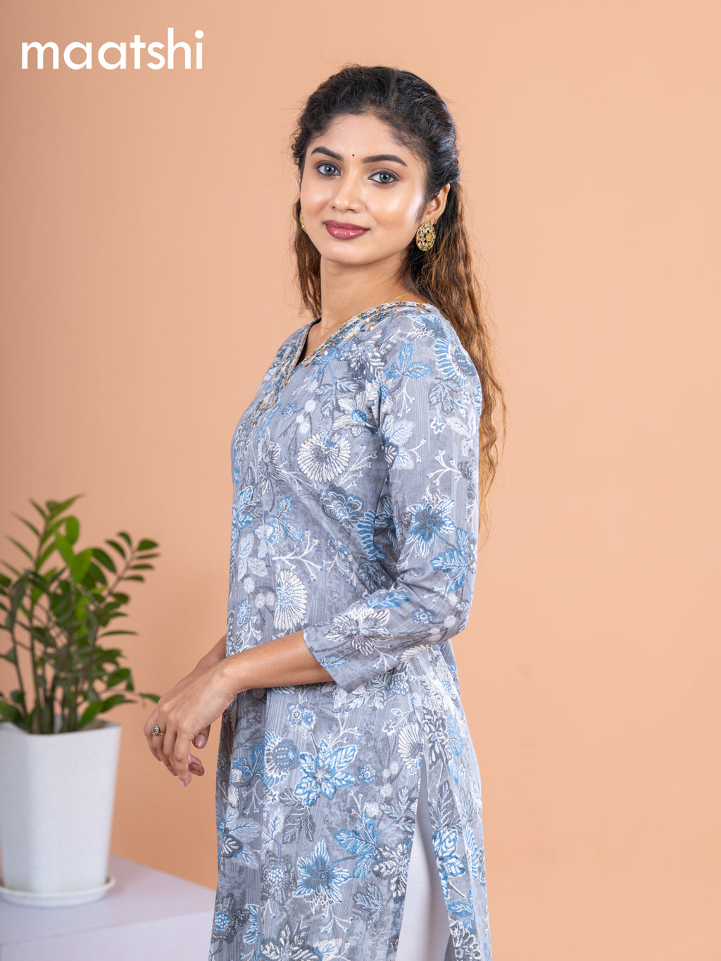 Cotton readymade kurti grey with allover floral prints & embroidery mirror work v neck pattern without pant
