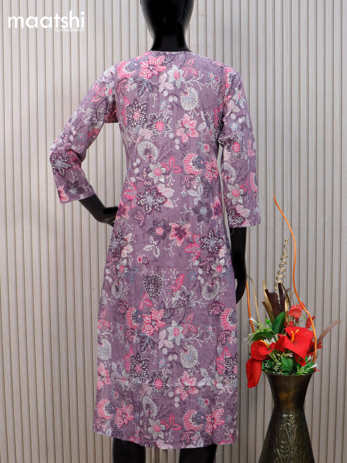 Cotton readymade kurti pastel purple with allover floral prints & embroidery mirror work v neck pattern without pant
