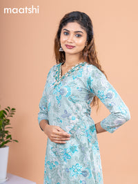 Cotton readymade kurti pastel green with allover floral prints & embroidery mirror work neck pattern without pant