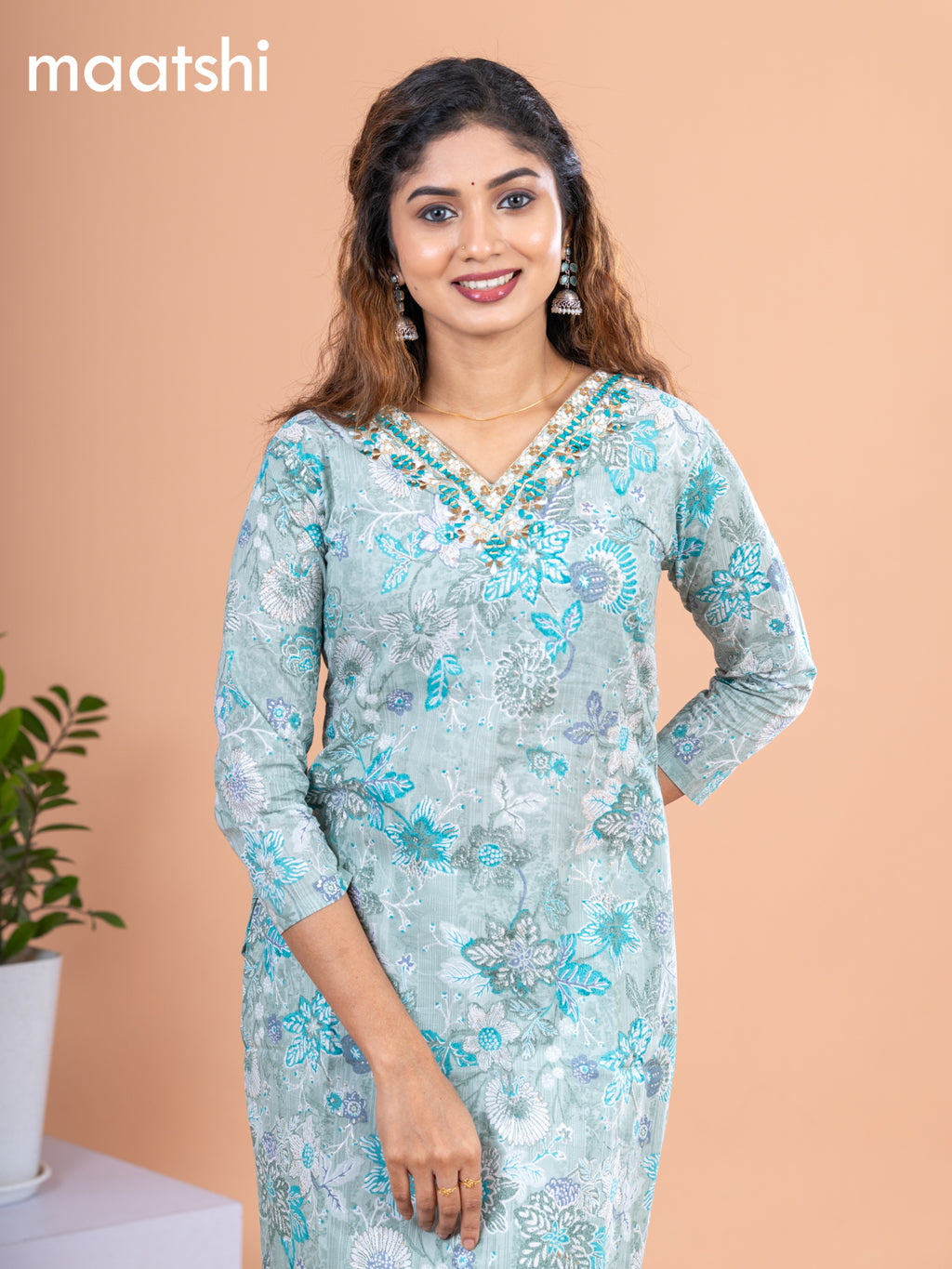 Cotton readymade kurti pastel green with allover floral prints & embroidery mirror work neck pattern without pant