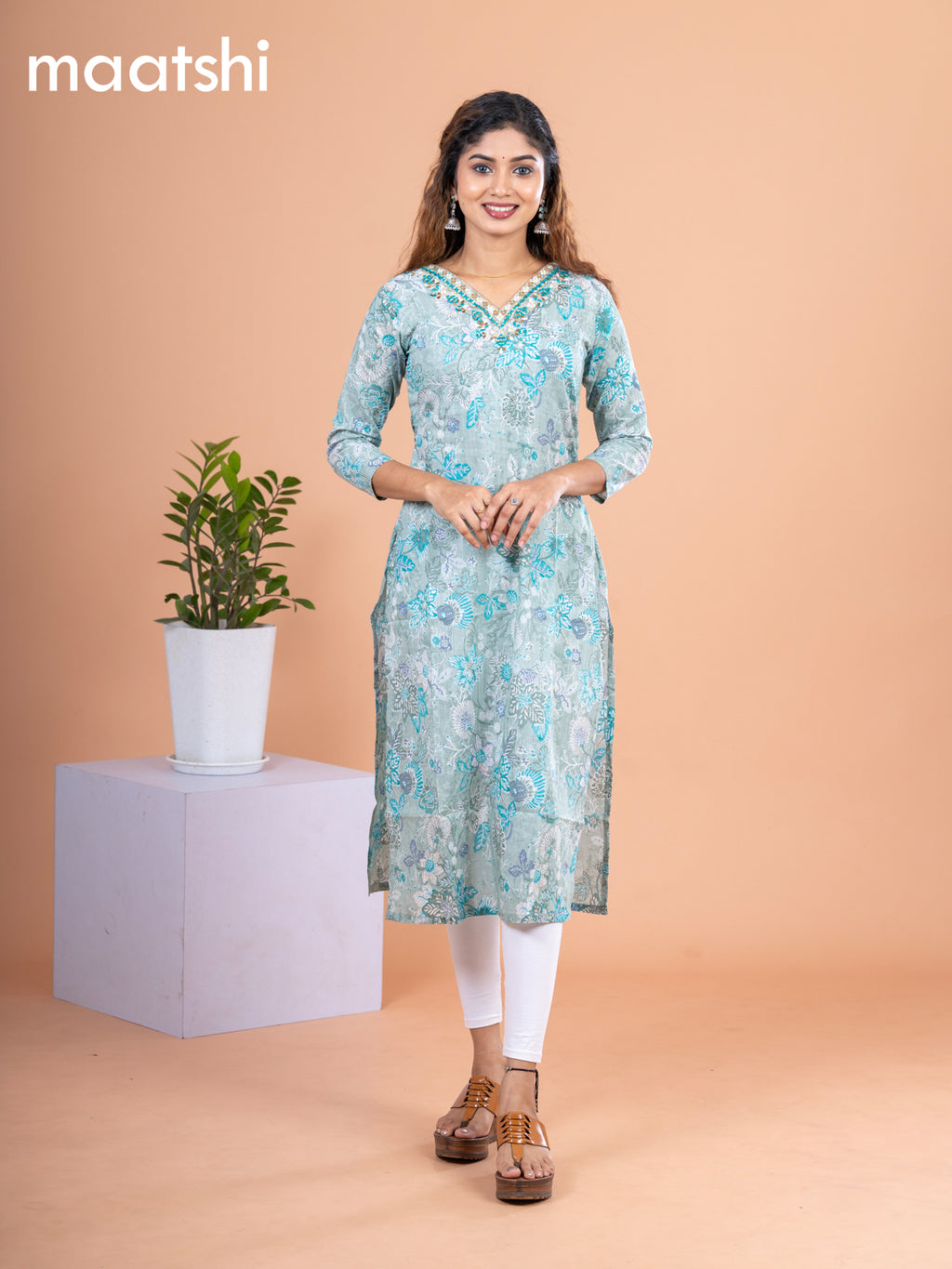 Cotton readymade kurti pastel green with allover floral prints & embroidery mirror work neck pattern without pant