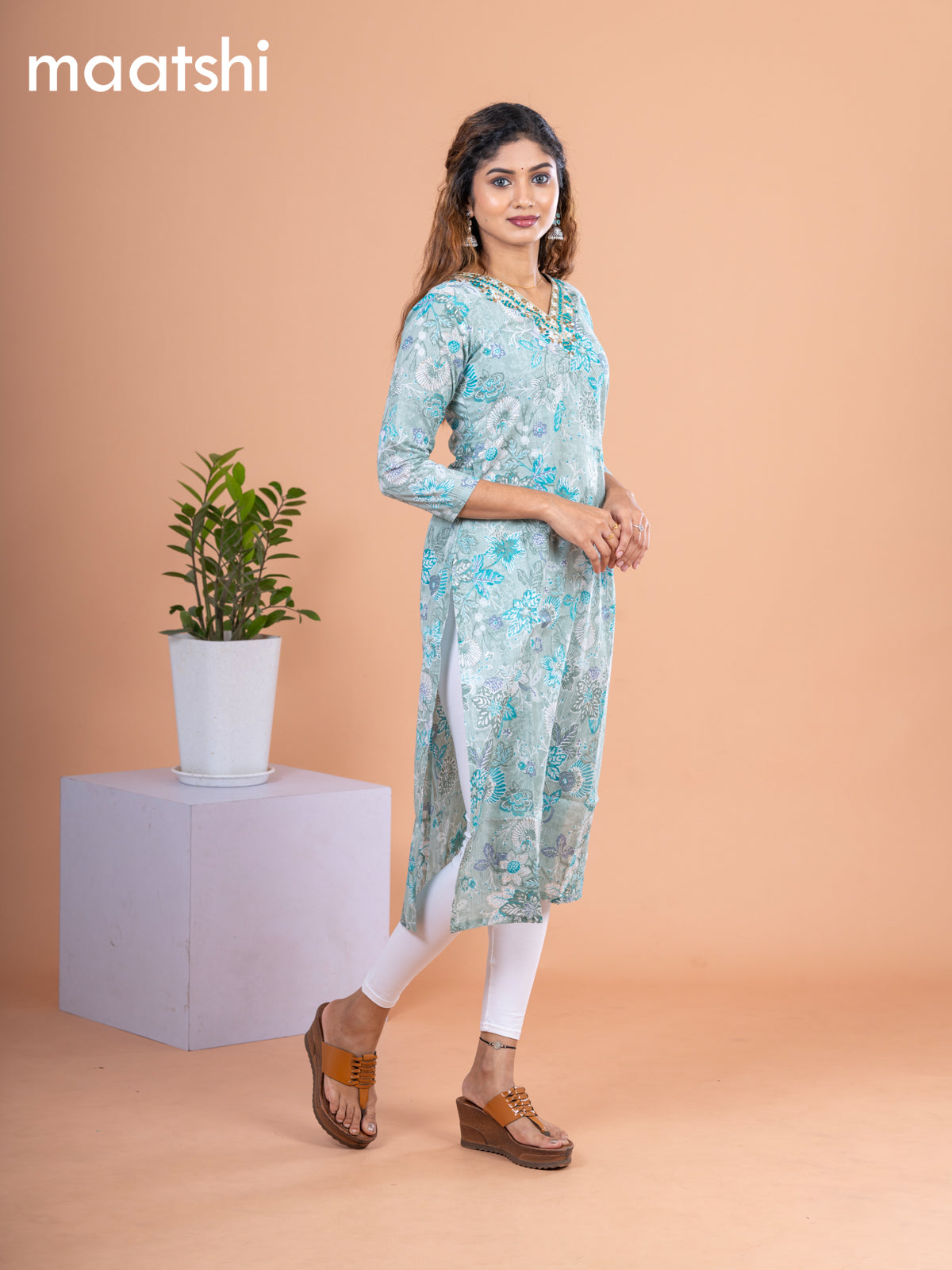 Cotton readymade kurti pastel green with allover floral prints & embroidery mirror work neck pattern without pant